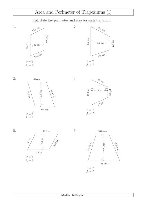 The Calculating Area and Perimeter of Scalene Trapeziums (I) Math Worksheet