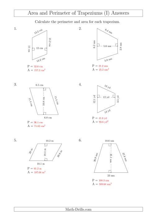 The Calculating Area and Perimeter of Scalene Trapeziums (I) Math Worksheet Page 2