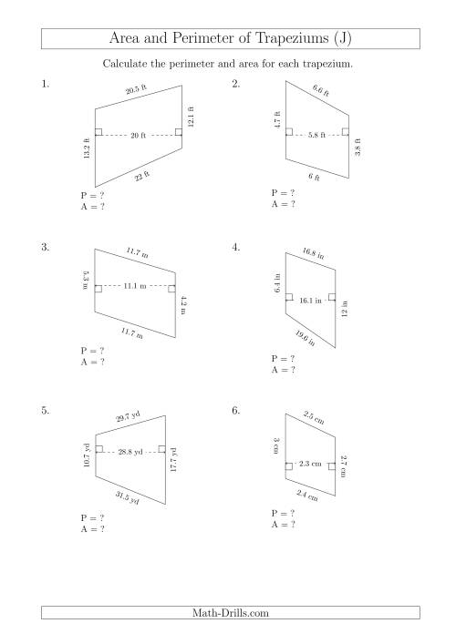 The Calculating Area and Perimeter of Scalene Trapeziums (J) Math Worksheet