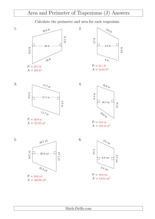 The Calculating Area and Perimeter of Scalene Trapeziums (J) Math Worksheet Page 2