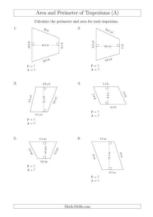 The Calculating Area and Perimeter of Scalene Trapeziums (All) Math Worksheet