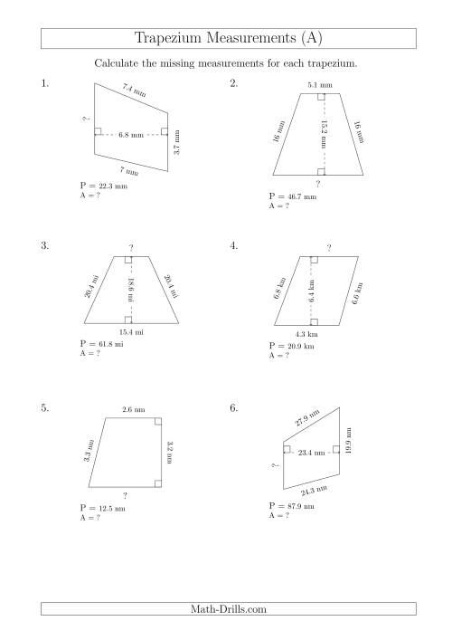 The Calculating Bases and Areas of Trapeziums (A) Math Worksheet