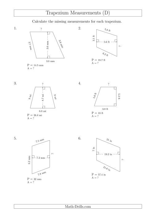 The Calculating Bases and Areas of Trapeziums (D) Math Worksheet