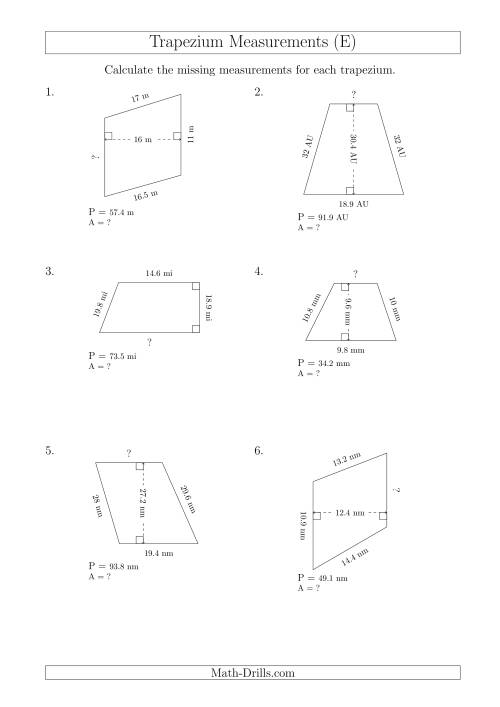 The Calculating Bases and Areas of Trapeziums (E) Math Worksheet