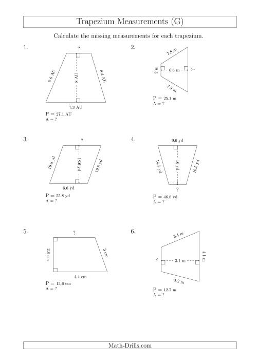 The Calculating Bases and Areas of Trapeziums (G) Math Worksheet