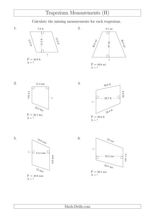 The Calculating Bases and Areas of Trapeziums (H) Math Worksheet