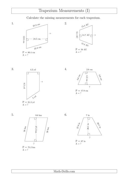 The Calculating Bases and Areas of Trapeziums (I) Math Worksheet