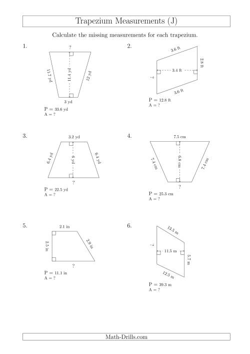 The Calculating Bases and Areas of Trapeziums (J) Math Worksheet