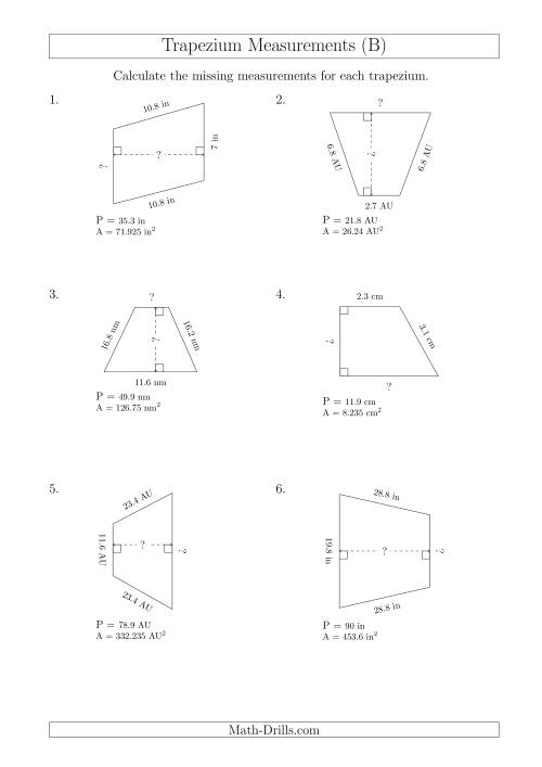The Calculating Bases and Heights of Trapeziums (B) Math Worksheet