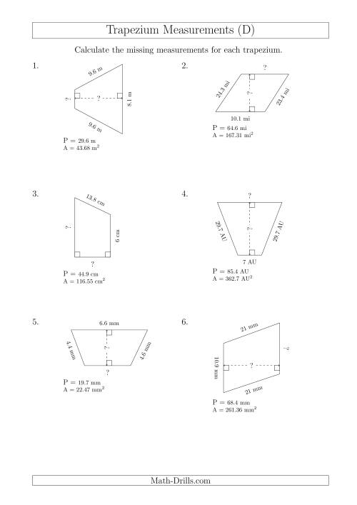 The Calculating Bases and Heights of Trapeziums (D) Math Worksheet