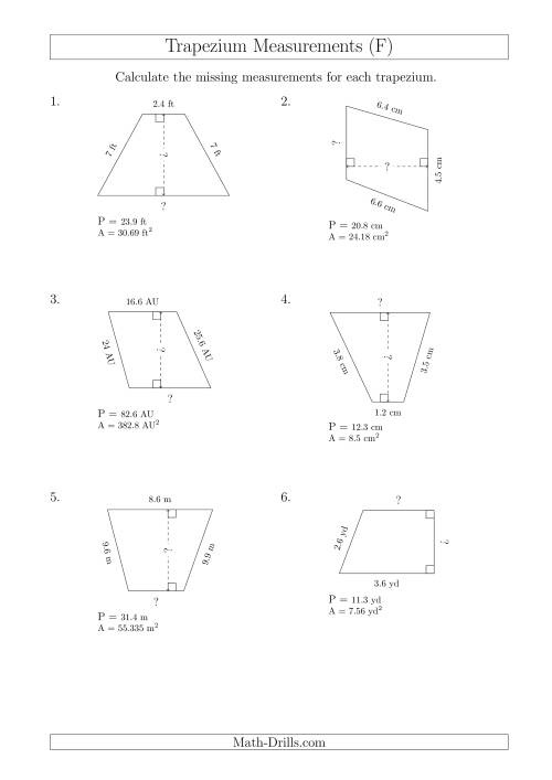 The Calculating Bases and Heights of Trapeziums (F) Math Worksheet
