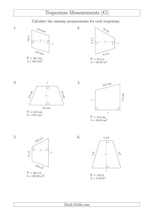 The Calculating Bases and Heights of Trapeziums (G) Math Worksheet