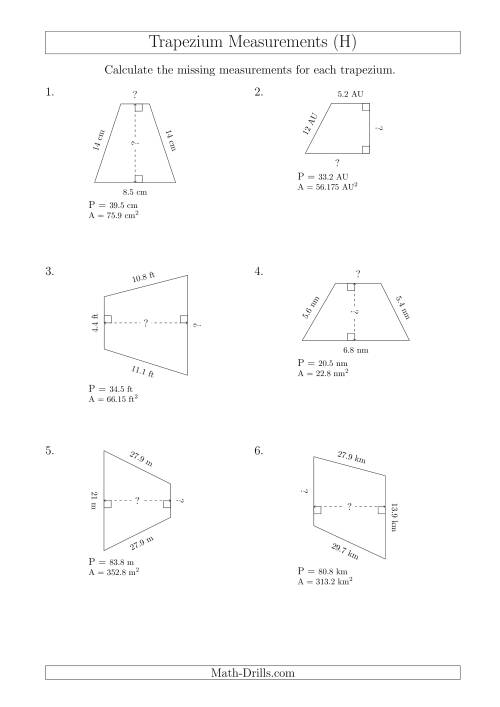 The Calculating Bases and Heights of Trapeziums (H) Math Worksheet