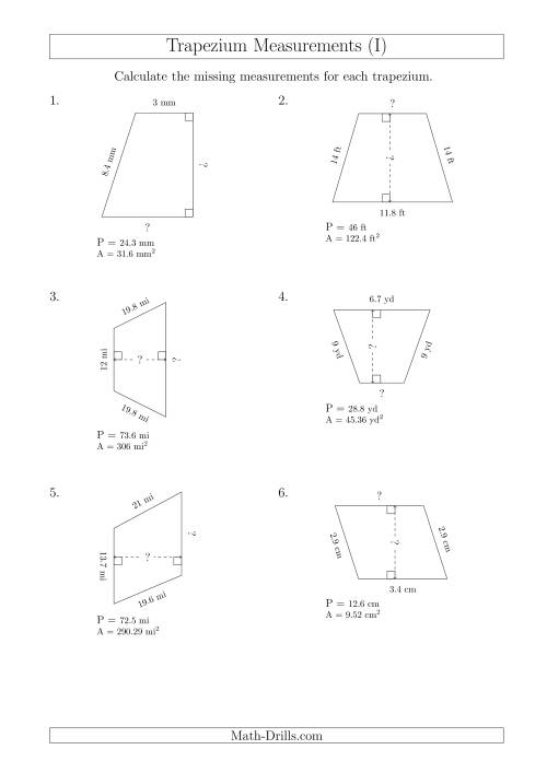 The Calculating Bases and Heights of Trapeziums (I) Math Worksheet