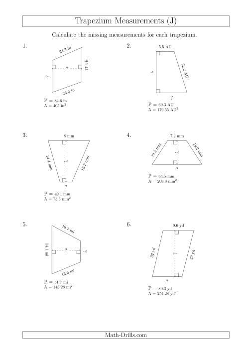 The Calculating Bases and Heights of Trapeziums (J) Math Worksheet