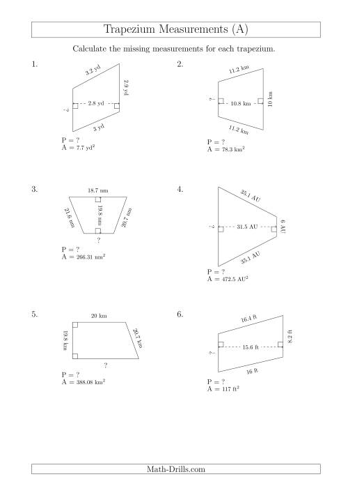 The Calculating Bases and Perimeters of Trapeziums (A) Math Worksheet
