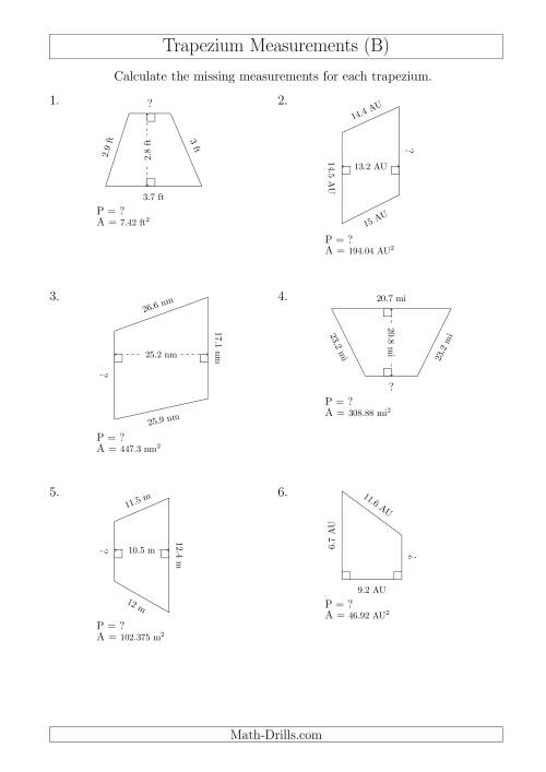 The Calculating Bases and Perimeters of Trapeziums (B) Math Worksheet