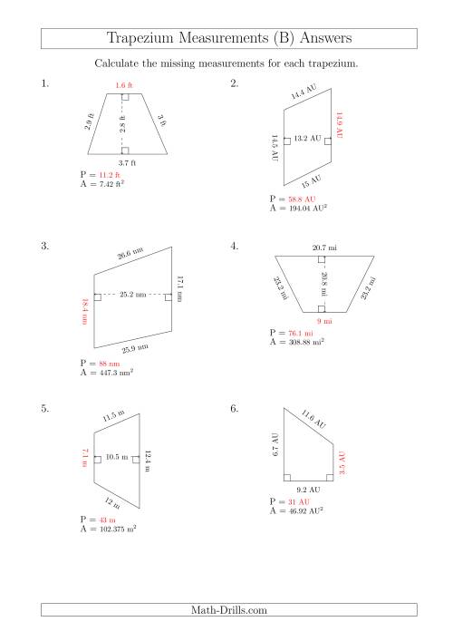 The Calculating Bases and Perimeters of Trapeziums (B) Math Worksheet Page 2