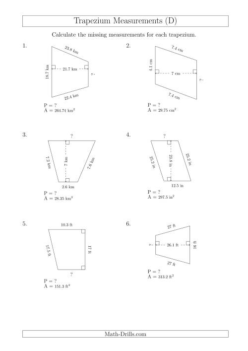 The Calculating Bases and Perimeters of Trapeziums (D) Math Worksheet
