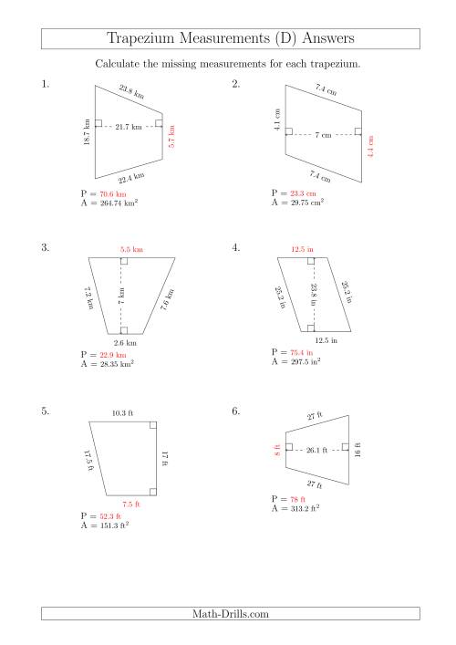 The Calculating Bases and Perimeters of Trapeziums (D) Math Worksheet Page 2