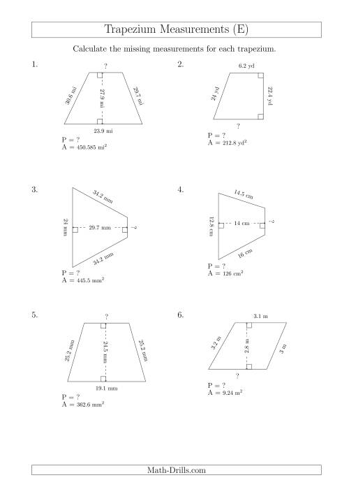 The Calculating Bases and Perimeters of Trapeziums (E) Math Worksheet