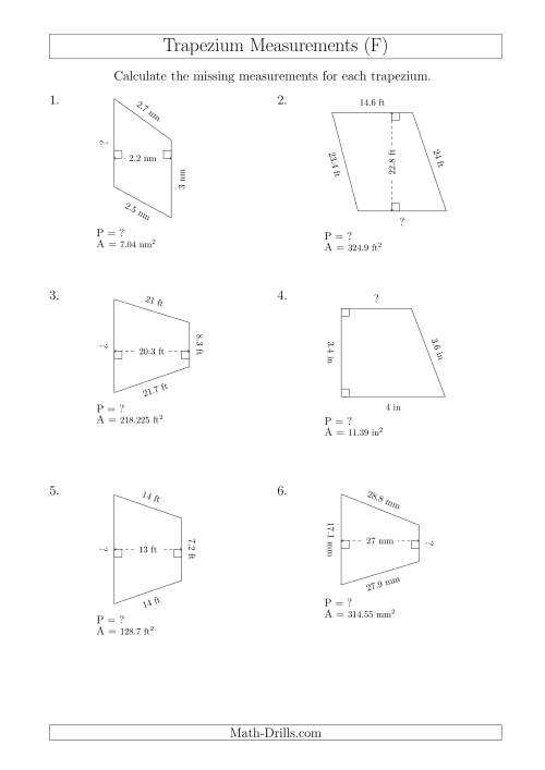 The Calculating Bases and Perimeters of Trapeziums (F) Math Worksheet
