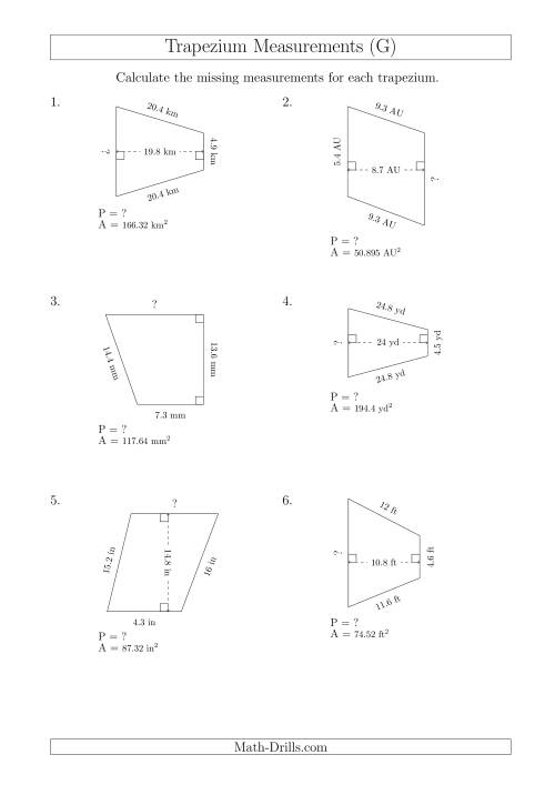 The Calculating Bases and Perimeters of Trapeziums (G) Math Worksheet
