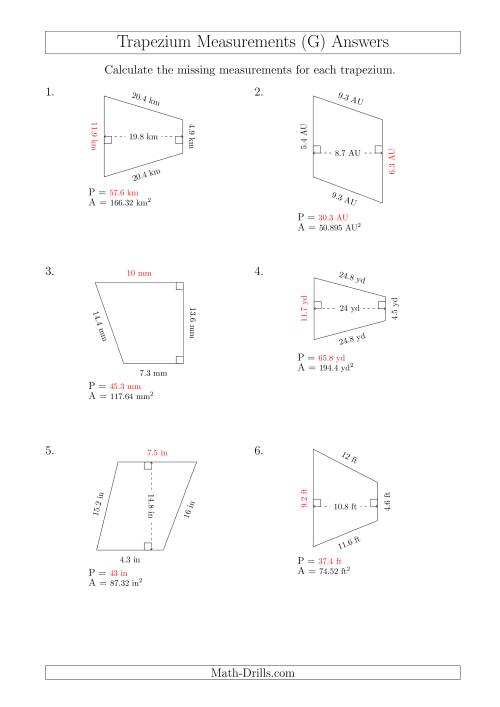 The Calculating Bases and Perimeters of Trapeziums (G) Math Worksheet Page 2