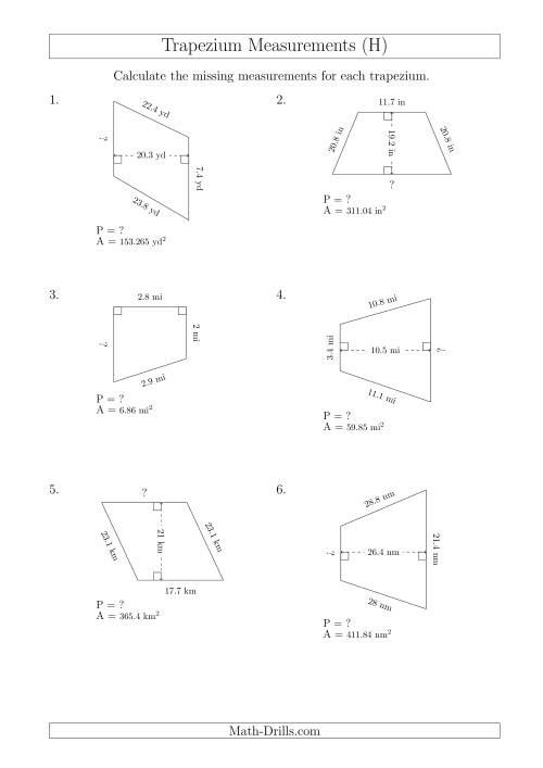 The Calculating Bases and Perimeters of Trapeziums (H) Math Worksheet