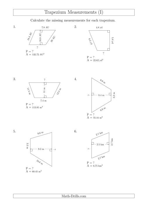 The Calculating Bases and Perimeters of Trapeziums (I) Math Worksheet