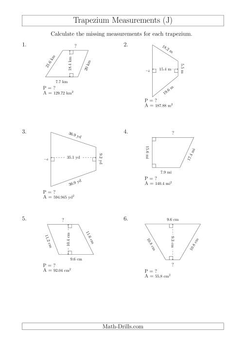 The Calculating Bases and Perimeters of Trapeziums (J) Math Worksheet