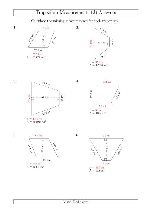 The Calculating Bases and Perimeters of Trapeziums (J) Math Worksheet Page 2