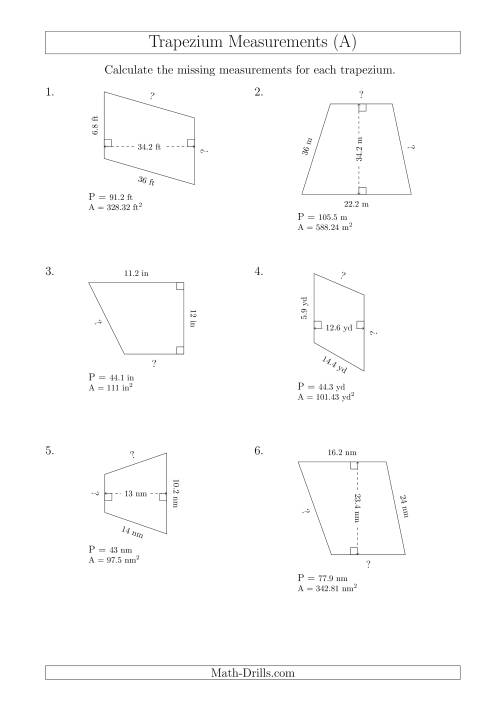 The Calculating Bases and Sides of Trapeziums (A) Math Worksheet