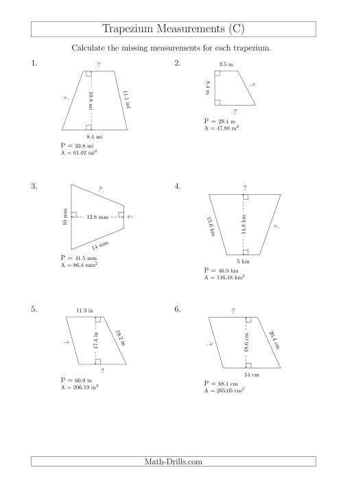 The Calculating Bases and Sides of Trapeziums (C) Math Worksheet