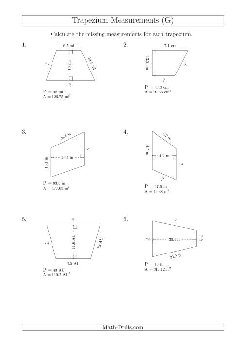 The Calculating Bases and Sides of Trapeziums (G) Math Worksheet