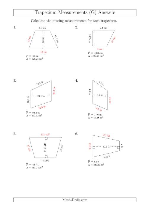 The Calculating Bases and Sides of Trapeziums (G) Math Worksheet Page 2