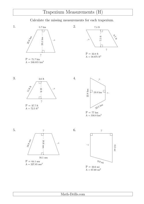 The Calculating Bases and Sides of Trapeziums (H) Math Worksheet