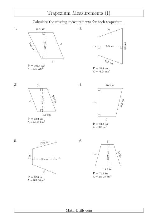 The Calculating Bases and Sides of Trapeziums (I) Math Worksheet