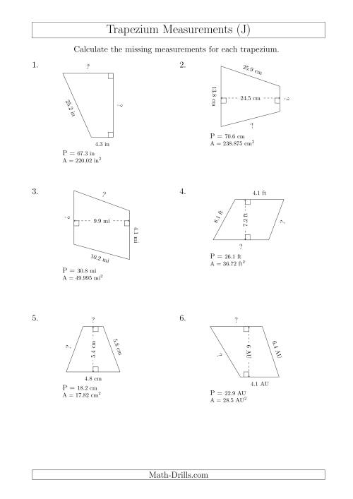 The Calculating Bases and Sides of Trapeziums (J) Math Worksheet