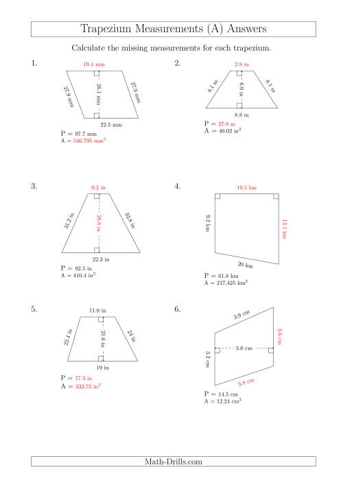 The Calculating Various Measurements of Trapeziums (A) Math Worksheet Page 2