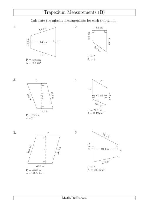 The Calculating Various Measurements of Trapeziums (B) Math Worksheet