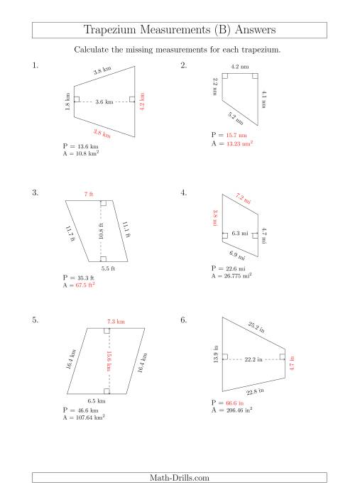 The Calculating Various Measurements of Trapeziums (B) Math Worksheet Page 2