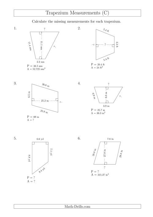 The Calculating Various Measurements of Trapeziums (C) Math Worksheet