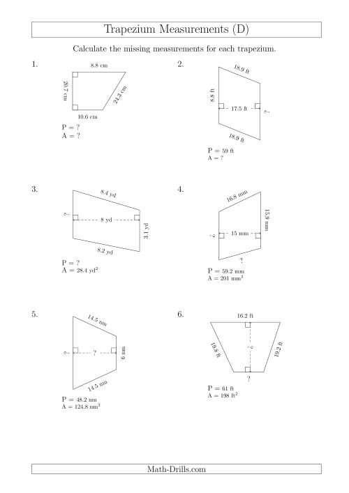 The Calculating Various Measurements of Trapeziums (D) Math Worksheet