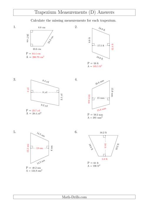 The Calculating Various Measurements of Trapeziums (D) Math Worksheet Page 2