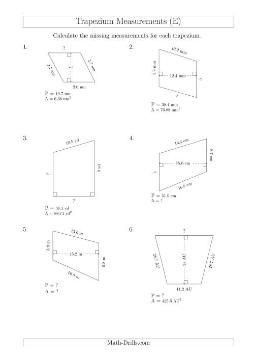 The Calculating Various Measurements of Trapeziums (E) Math Worksheet