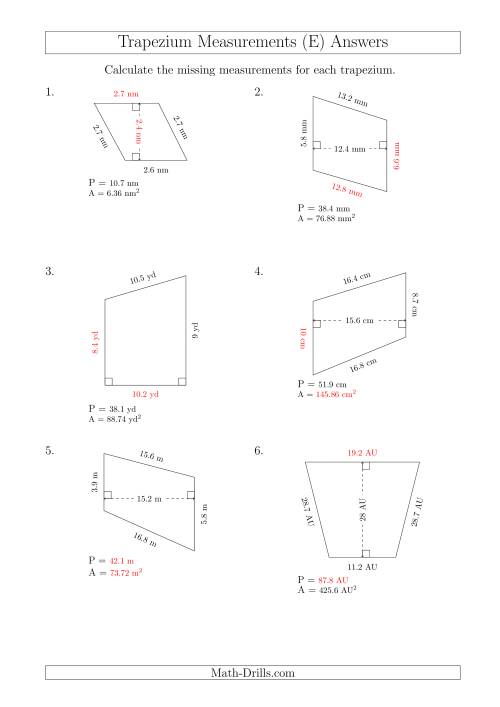 The Calculating Various Measurements of Trapeziums (E) Math Worksheet Page 2