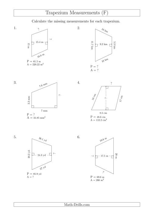 The Calculating Various Measurements of Trapeziums (F) Math Worksheet
