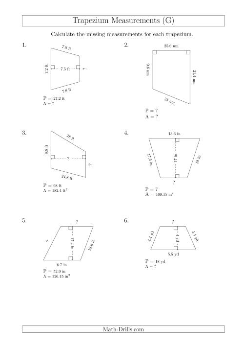 The Calculating Various Measurements of Trapeziums (G) Math Worksheet