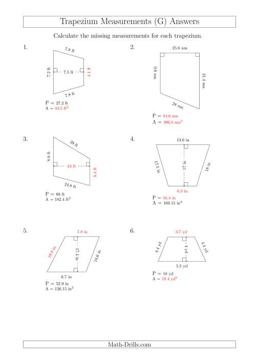 The Calculating Various Measurements of Trapeziums (G) Math Worksheet Page 2